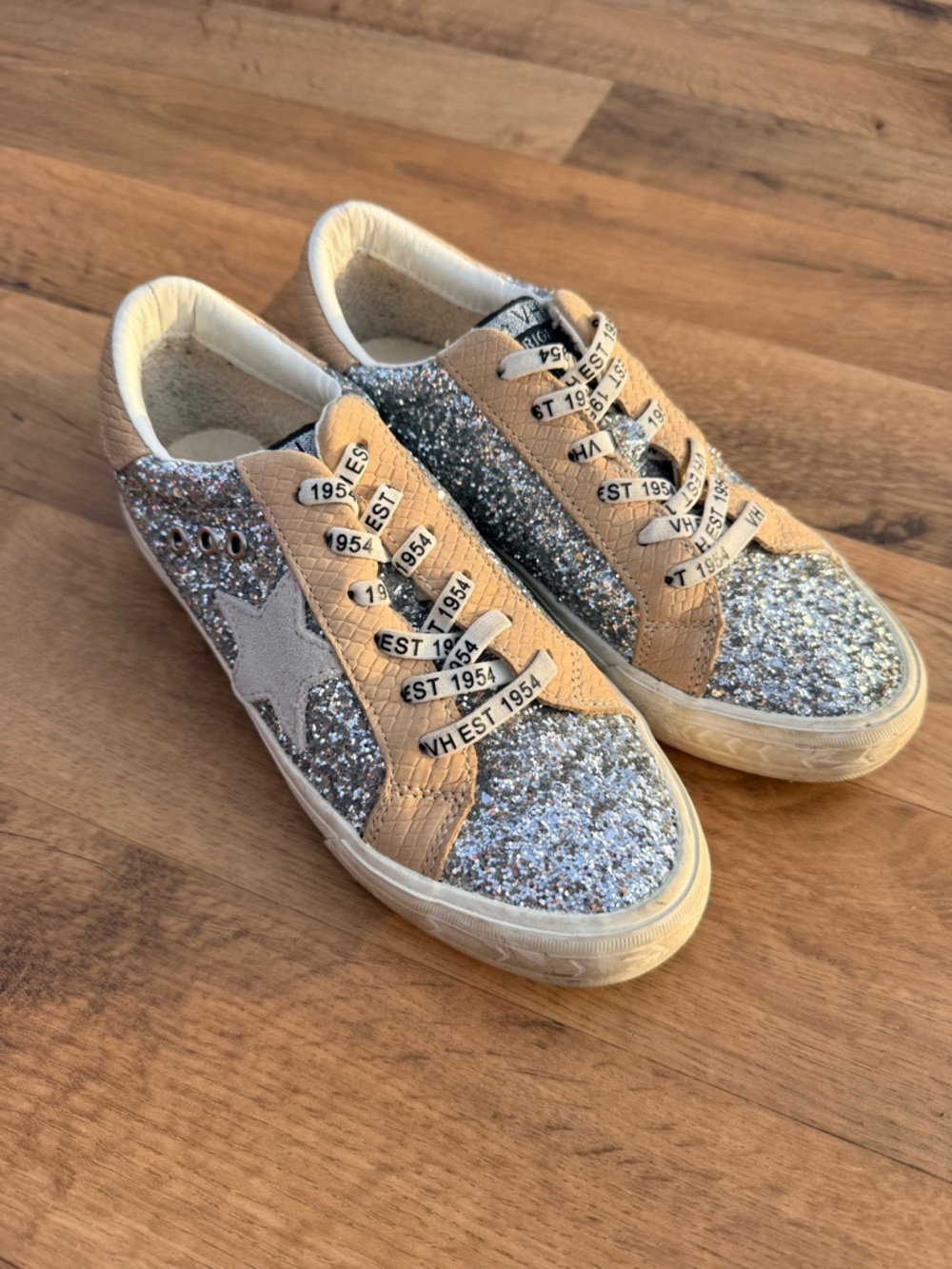 Vintage Havana Silver Glitter Sneakers with Tan Accents